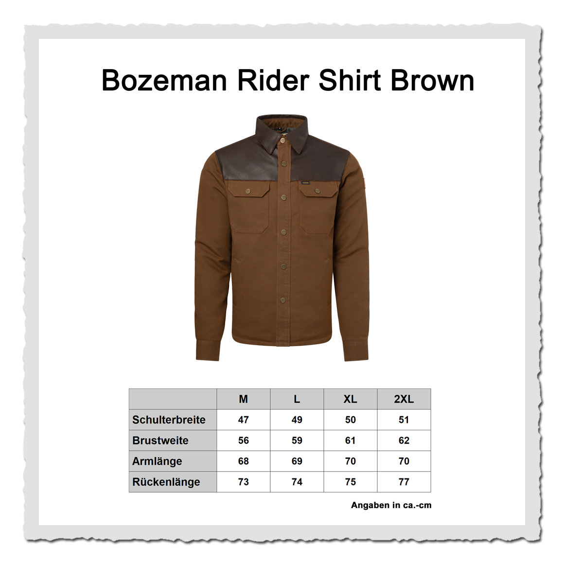 Grafik mit Maßtabelle zum Bozeman Rider Shirt Brown, Produktabbildung und Größenwerte in Zentimetern.